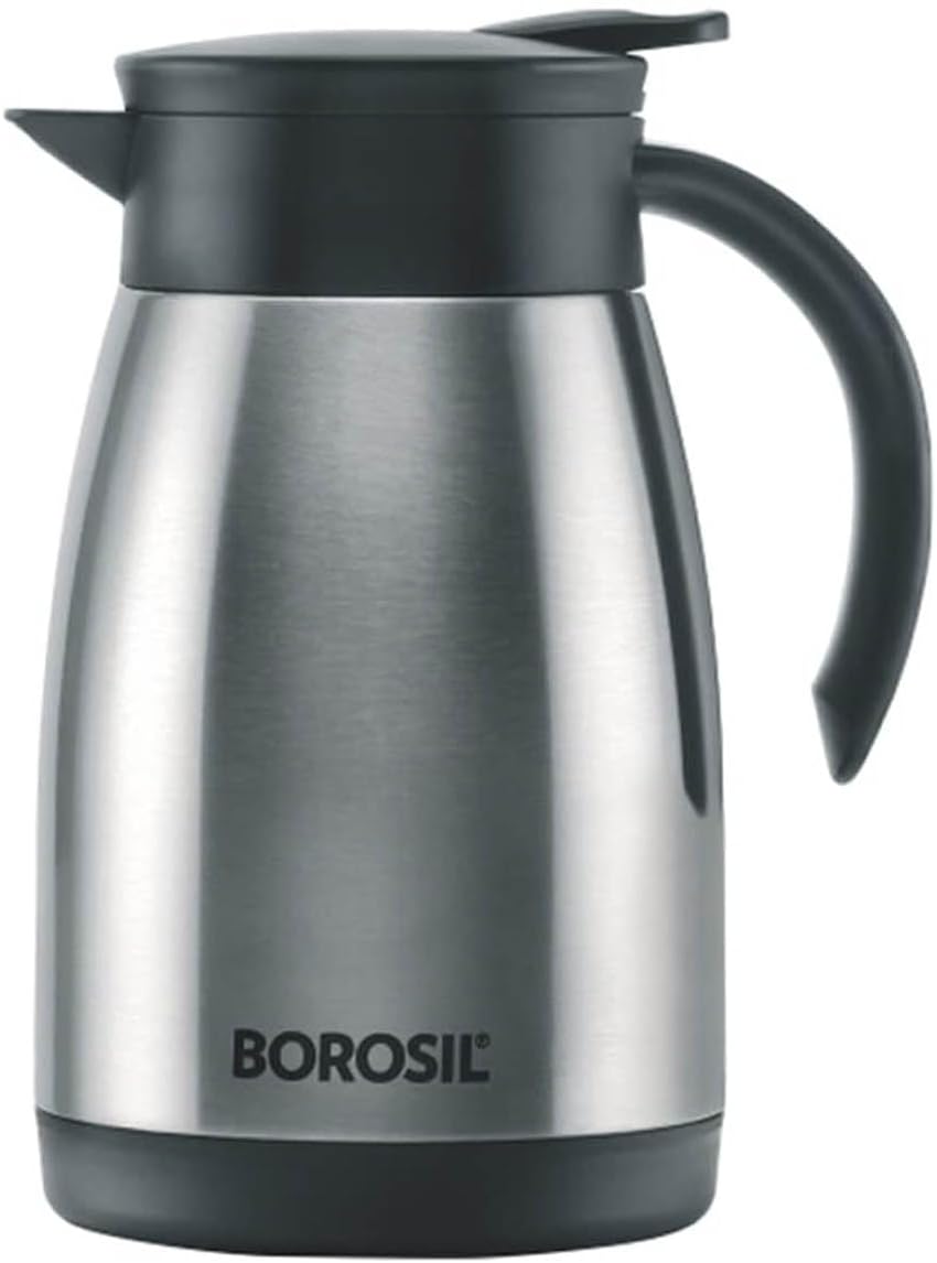 Borosil Stainless Steel 750ml Teapot with Handle | Double Wall Vacuum Insulated Thermosteel Carafe | BPA Free Jug for Tea/Coffee & Juice | 16 Hours Hot & 24 Hours Cold | 1 Year Warranty, Silver