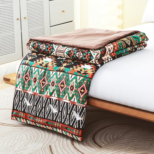 Image of Ac Comforter Single Bed Boho with Satin Finish 240 GSM - Reversible AC Comforter - Black & Yellow, Aztec Comforter Quilt Duvet Dohar Blanket for Summer 150 X 225 cm