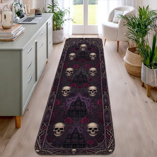 Alfombra de pasillo de calavera rosa embrujada rectangular negra 6