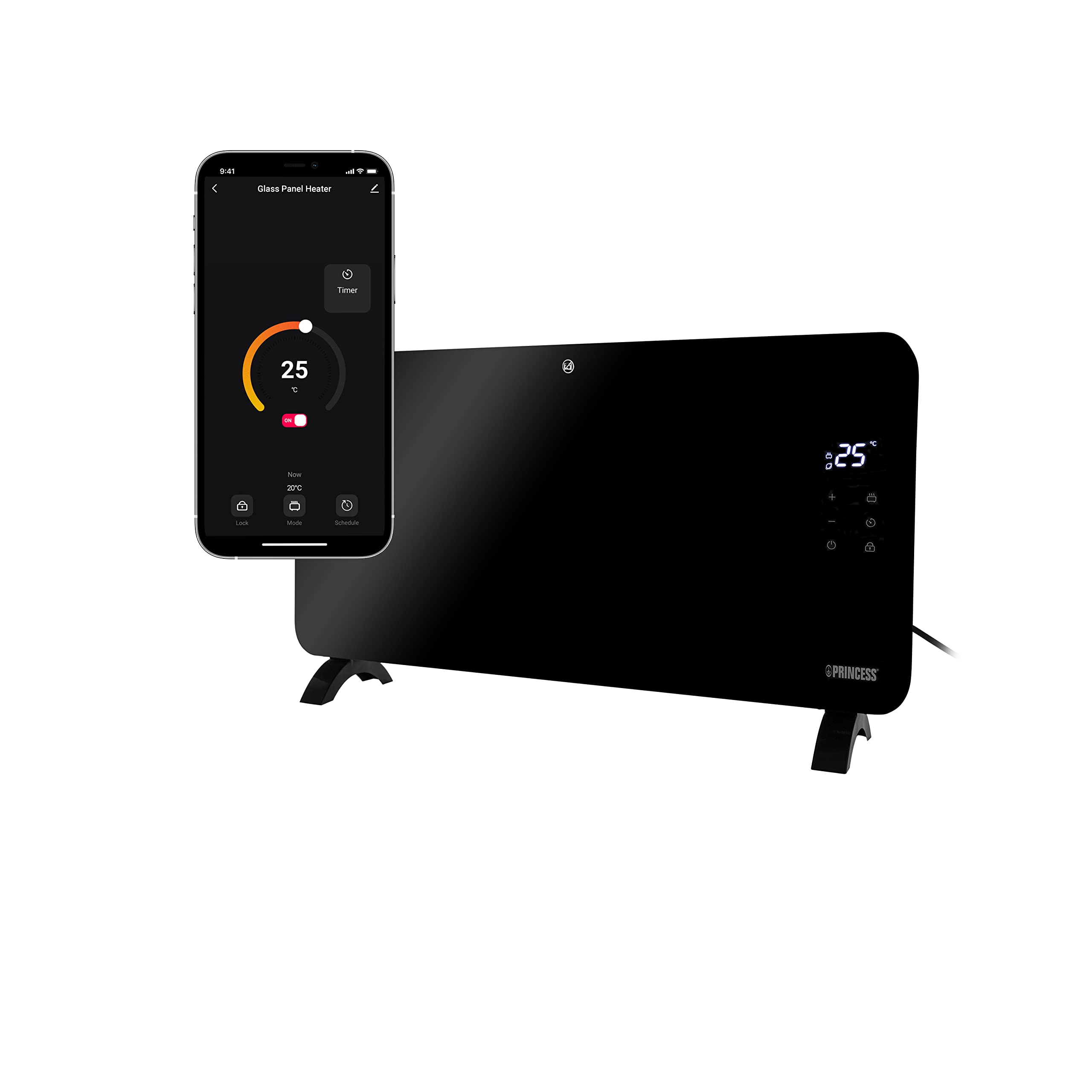 Princess connected electric heater - Convection heating - Manual, app or voice control - Free app - Glass panel - 1500 W - Black - 348150