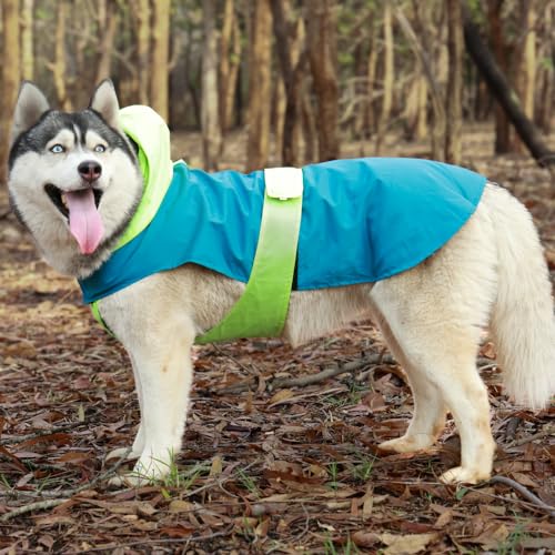 Image of Waterproof Dog Raincoat with Hood | Double Coloured Blue-Green | Adjustable Velcro | Extra Coverage | Easy to Carry Pouch | for Small, Medium and Large Breed Dogs (Puppy (M))