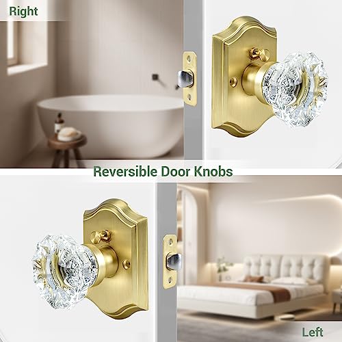 Crystal Door Knobs, Satin Brass Glass Door Knobs Interior Rose Shape with Lock Privacy Function, Vintage Antique for Bedroom Bathroom
