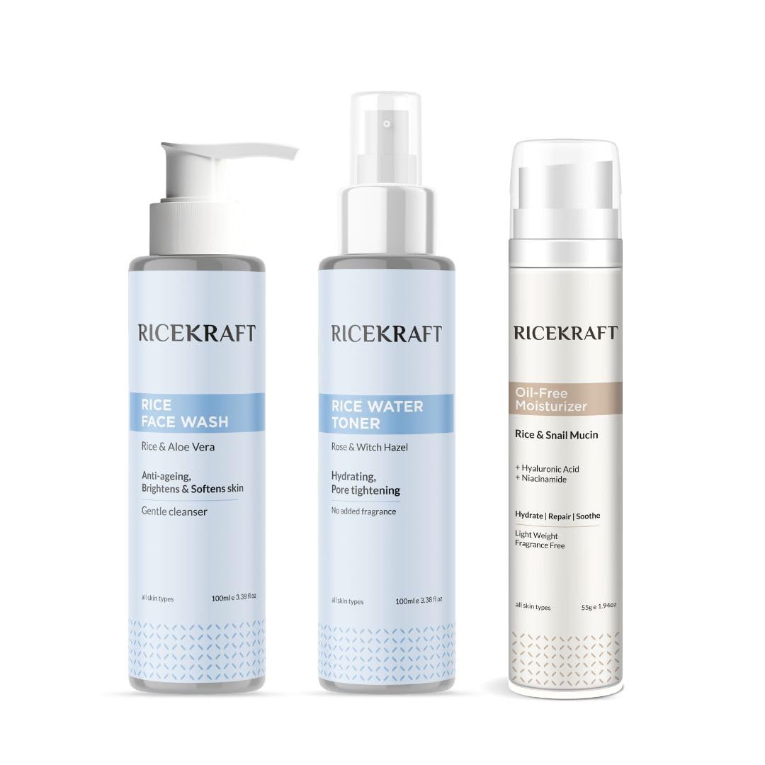 Korean CTM routine with Rice Face wash, Rice water Toner & Snail 99 Mucin moisturizer | For Glowing, Hydrating glass skin | For all skin types | For men & women