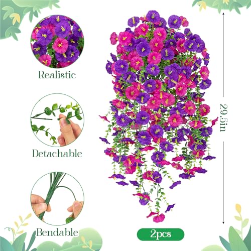 Image of Bassion 2 Packs Artificial Hanging Flowers for Outdoors, Purple Fuschia