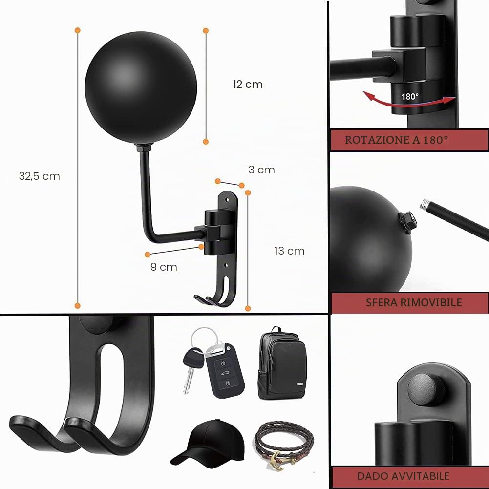SANGMO Supporto da parete per casco da moto, casco da bici, rotazione di 180 gradi, in metallo
