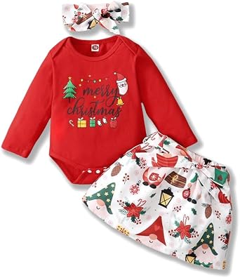 Newborn Baby Girl Christmas Outfits - Long Sleeve Bodysuit and Skirt Set With Headband