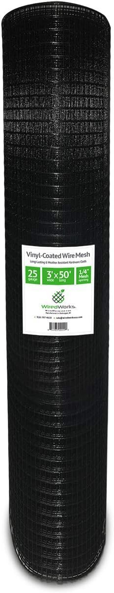25 Gauge Vinyl Coated Wire Mesh Roll, Hardware Cloth (50' x 3' x 1/4" 25 Gauge)