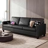 STHOUYN 73” Black Faux Leather Couch, Modern Comfy Office 3 Seater Sofa Couch with Tufted Armrest and USB, Small Loveseat Couches for Living Room, Apartment, Bedroom