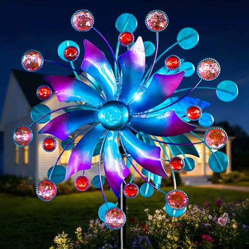 Image of Solar Wind Spinner Outdoor - Metal Kinetic Wind Sculptures with Sparkling Jeweled Ornaments, Blue & Purple Gradient Dual-Direction Spinner, Solar LED Glass Ball Yard Art for Garden Patio Decor