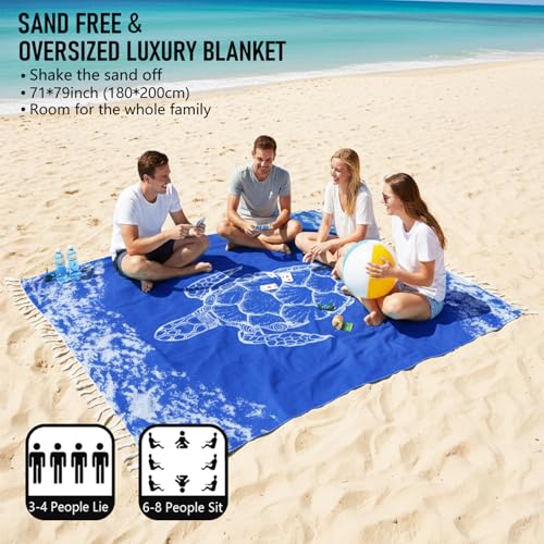 Image of Yongoes Oversized Turkish Beach Towel Blanket Cotton Giant XL Sandproof Towels Huge Linen XXL Extra Large Big Throw Quilt Blankets for Adults Blue Turtle