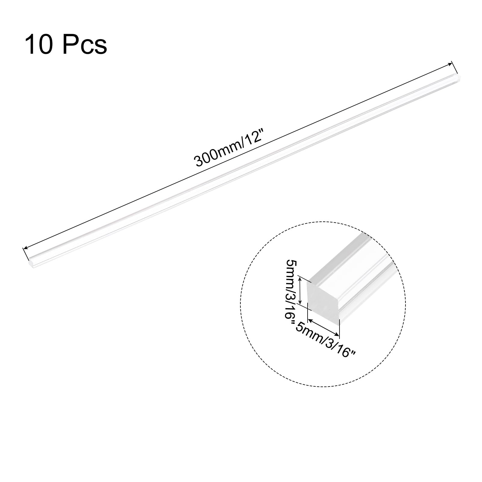 QUARKZMAN 10pcs Tiges Carrées en Acrylique 3/16" x 12" Tiges en Acrylique Transparent pour Bâtons en Acrylique Plastique pour Bricolage, Éclairage, Décorations de Jardin - 5mm x 300mm