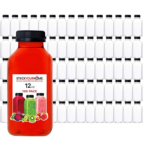 Stock Your Home 12 Ounce Plastic Bottles with Caps, Drink Containers with Lids, Reusable Bottles for Juicing, Smoothie Bottles with Lids, 12 Oz Bottles with Caps, Plastic Bottles for Drinks 100 Count