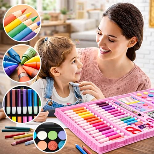 Image of WISHKEY 150 Pieces Art Set for Kids with Case, Art and Craft Supplies Kit for Drawing and Painting, Color Set with Markers, Water Colors, Brush, Color Pencils, Crayons (Pack of 1, Pink)