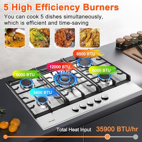 Gas Cooktop Stove 30 Inch Built-in Gas Stove Top with 5 Burners 35900 BTU,LPG/NG Dual Fuel,Auto Ignition,Thermocouple Protection,Stainless Steel,Heavy Duty Cast Iron Grates for Kitchen