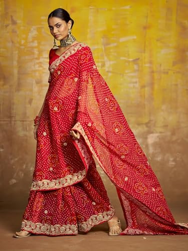 Image of Satrani Women'S Georgette Embroidery Bandhani Printed Saree With Unstitched Blouse Piece
