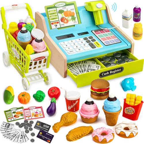 Caja de juguetes de madera con escáner, caja de juguetes realista para niños, incluye accesorios, promueve el juego creativo y el aprendizaje, juego de rol, regalo para niños y niñas de 4 a 8 años