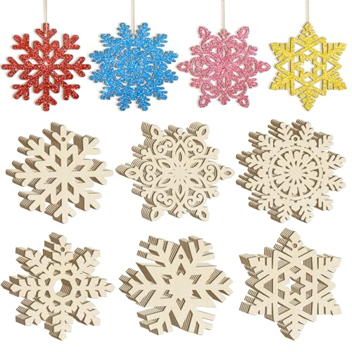 36PCS Wooden Christmas Decoration Snowflake Ornaments to Paint Christmas Ornaments for Tree Crafts Cutouts Unfinished DIY Blank Fall Unfinished Snowflakes Ornament for Home Hanging
