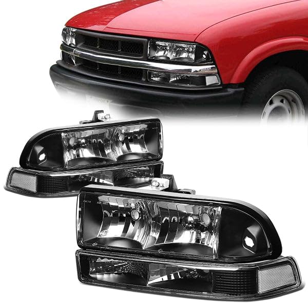 Pair of Headlight Lamps Assembly Compatible with 98-04 Chevy S10 Pickup Blazer - Black Housing Clear Corner