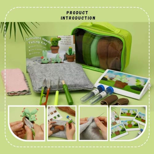 Image of Beginner's Wool Needle Felting Kit - 4 Piece Cactus Wool Set with Wool Roving, Felting Needles, Foam Mat, and Video Instructions,Ideal for DIY & Gifting