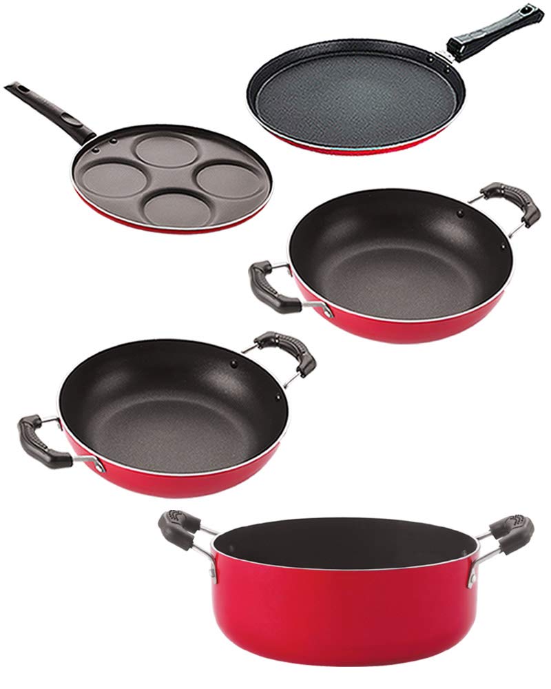 Nirlon Kitchen Utensils Aluminium Non-Stick Cookware Set of 5 Pieces (2.6mm_FT13_KD10_KD12_Cass20_UP4)