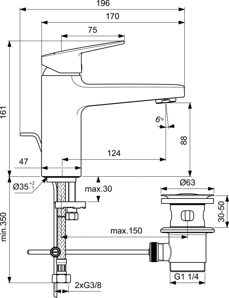 Technical drawing of Ideal Standard Ceraplan Basin Mixer with dimensions and installation details