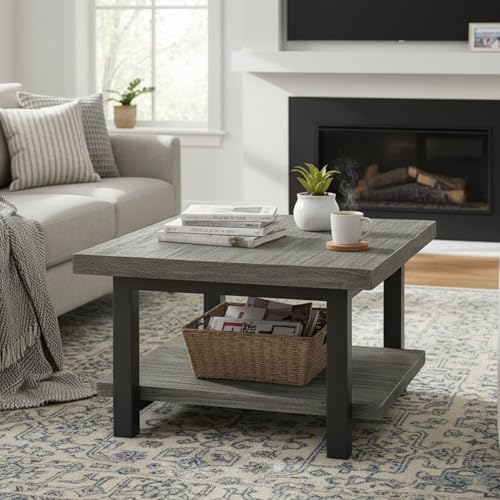 Image of Pomona 27-Inch Square Solid Wood Coffee Table with Metal Legs - Modern Rustic Industrial Small Space Table by Alaterre Furniture (Slate Grey)