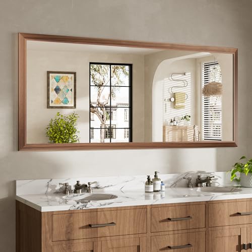 Image of 72x32 Inch Bathroom Mirror for Wall, Anti-Rust Walnut Wood Grain Metal Framed Bathroom Mirrors for Over Sink,Rectangler Mirrors for Bathroom Vanity, Farmhouse, Bedroom, Living Room, Entryway Decor