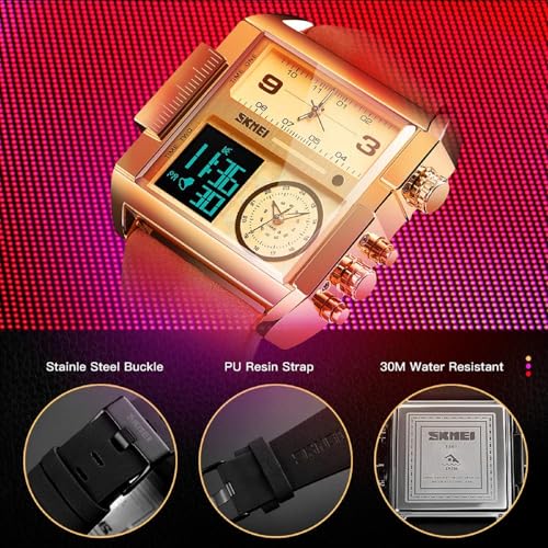 Image of SKMEI Men's Digital Sports Watch, LED Square Large Face Analog Quartz Wrist Watch with Multi-Time Zone Waterproof Stopwatch