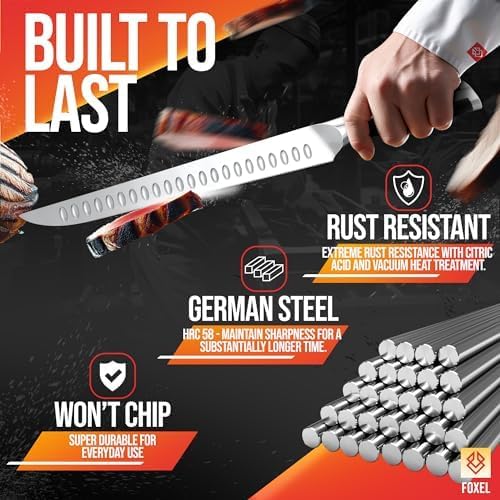 Miniatura 3 de FOXEL Cuchillo rebanador de pavo de 10 pulgadas, acero inoxidable alemán de alto carbono, perfecto para rebanar carne, pechuga, barbacoa y costilla,