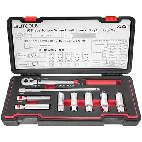 BILITOOLS 9-Piece 3/8 Inch Drive Spark Plug Socket Set with Click Torque Wrench, Magnetic Swivel spark plug set, Extension Bar, Cr-V Steel Cover