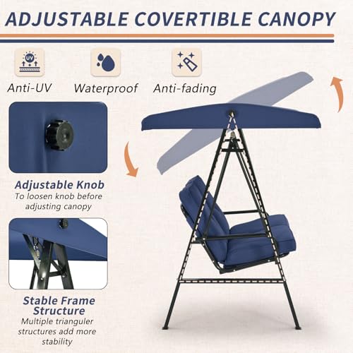 Image of U-MAX 2 Seat Outdoor Patio Swing Chair for Adults, Porch Swings with Adjustable Canopy, Outside Swing Bench with Removable Cushion, Suitable for Backyard, Garden, Yard, Poolside, Balcony (Blue)