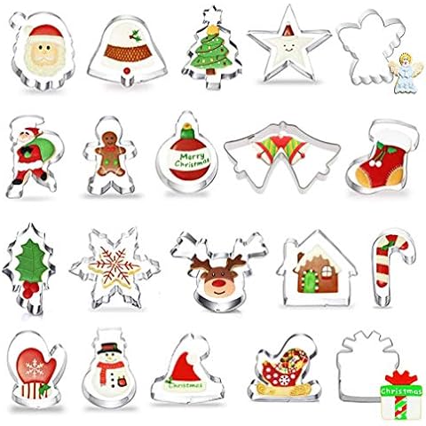 Christmas Cookie Cutter, 20 Piece Christmas Biscuit Cutters - Gingerbread Man, Christmas Tree, Santa Face, Star, Reindeer Face, Snowman & More Shapes for Fondant Cookie DIY Baking Cover