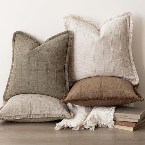 Image of Foindtower Set of 2 Decorative Linen Check Fringe Throw Pillow Covers Farmhouse Vintage Cushion Covers Modern Boho Home Decor for Sofa Chair Couch Bedroom Living Room,18x18 Inch,Cocoa Brown