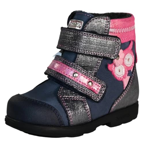 Kids Girls’ Genuine Leather Orthopedic Boots – Arch Support Shoes for Flat Feet & Overpronation, with Ankle Support, Adjustable Straps, Navy Blue/Pink/Gray Glitter Owl Design