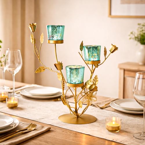 Image of Market99 Glossy Blue Glass T-Light Holder Set of 2 | Golden Leaf Pattern Metal Tealight C&le St& | Decorative Accent Piece for Home, Office, Dining Table, Balcony & Perfect Decor for Festive Season