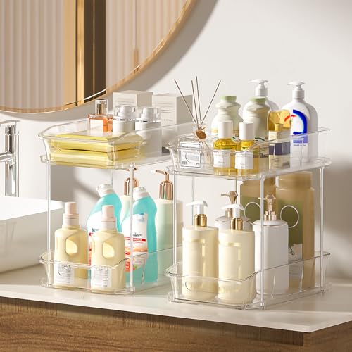 Image of Delamu 2-Tier Under Sink Organizers and Storage, Multi-Purpose Stackable Bathroom Cabinet organizers, Pull Out Kitchen Pantry Organization and Storage with Dividers(3 Pack, Clear)