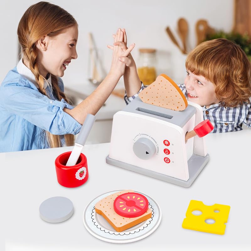Image of Pop Up Toaster Toy Set with Kitchen Accessories, 8 Pc Wooden Playset -Interactive Role Play Toys for Girls and Boys 3+