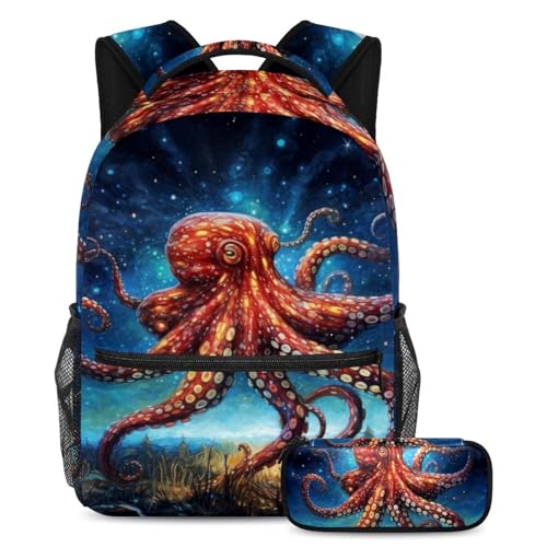 Cartable artistique Nuit étoilée avec pieuvre marine, ensemble sac à dos large haut de gamme