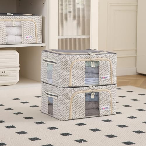 Image of HOKIPO Wardrobe Organizer Storage Box | Foldable Cloth Storage Boxes with Metal Frame & Window | 600D Oxford Fabric | 24L, Pack of 2 Cream Mist (AR-5927-OWHT*2)