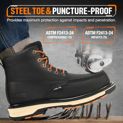 Image of NINGO Steel Toe Work Boots for Men, Puncture Proof & Non Slip Work Boots, Mens Safety Moc Toe Work Shoes with EH Protection, Water & Oil Resistant for Construction, Hunting, Welding