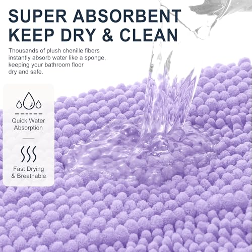 Image of Smiry Thick Chenille Bathroom Rugs 36x24, Extra Soft Absorbent Striped Bath Mat, Machine Washable, Rubber Backing, Bath Rugs for Tub & Shower, Modern Home Decor Accessories, Lavender