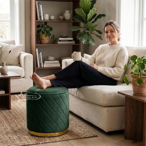 Image of Mythic Arts Ottoman Stool, Puffy Stool, Sitting Stool, Modern Upholstered Round Ottoman, Dressing Table for Living-Green