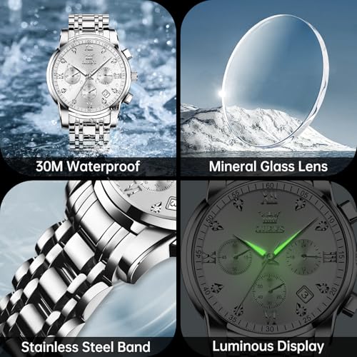 OLEVS Men's Chronograph Watch, Gold Silver Stainless Steel Analog Quartz Watch, Waterproof Multi-Function Dial with Date Diamond Watches for Men - Image 6