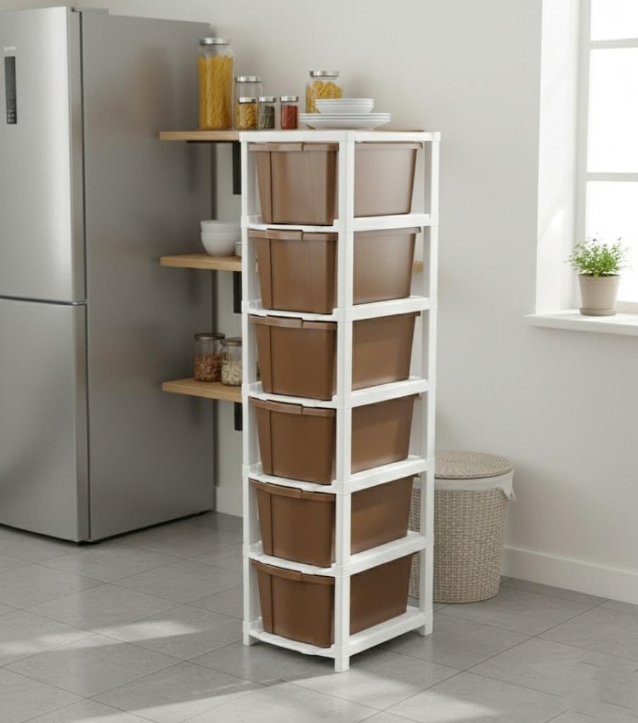 MAXTID Plastic Wardrobe Organizer Storage Box - Durable Plastic Box for Storage Solutions, Multipurpose Closet Organizer with Easy Assembly, Ideal for Home and Office Use (Brown, 6-Tier)