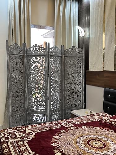 Image of Wooden Room Partition and Folding Privacy Screens Wooden Room Divider for Bedroom Home Office Room Divider Room Partition (6 Feet 4 Panel Antique Grey)