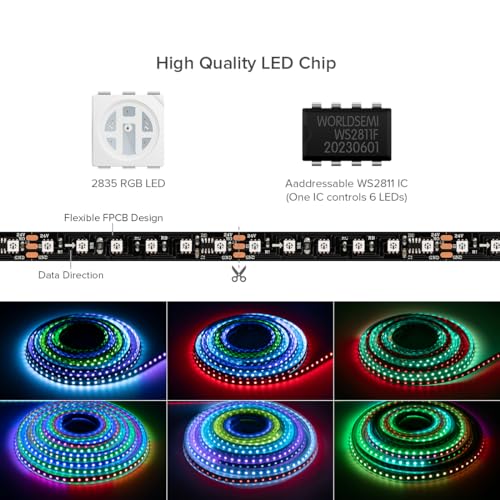 Image of SEZO WS2811 LED Strip Light 16.4FT 108 Pixel /M Individual Addressable LED Strip SMD5050 RGB Dream Color Programmable LED Light Strip Flexible 540LEDs DC5V IP30 Non-Waterproof Black PCB