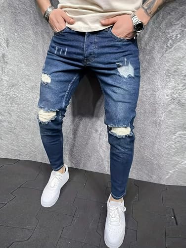 Jeans Pants Trousers Denim Ripped Elastic Tight Fit High Waist Washed Blue Street Trendy Small Leg for Men2