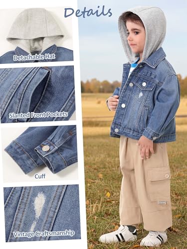 Image of Volunboy Toddler Hooded Denim Jackets Boys Spring Fall Ripped Jean Coat with Hood Long Sleeve Button Down Casual Outerwear