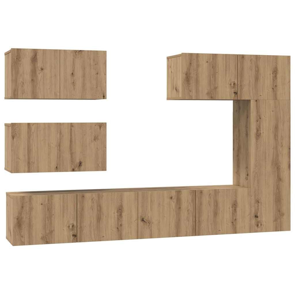 6-Piece Wall Mounted TV Stand Set, Artisan Oak Engineered Wood | Features adjustable shelves and storage compartments, providing a space-saving media center for living rooms.