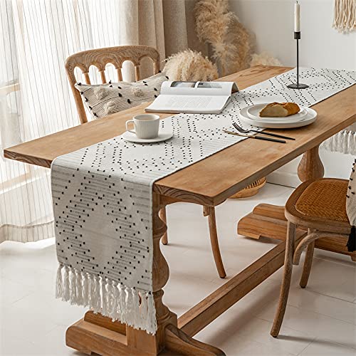 Boho Table Runner, Farmhouse Cotton Woven Fringe Coffee Table Runner With Tassel, Geometric Black And White Table Runner, Machine Washable Dinning Table Linen For Wedding Party Table Decor,14 X 72 In #TOP3